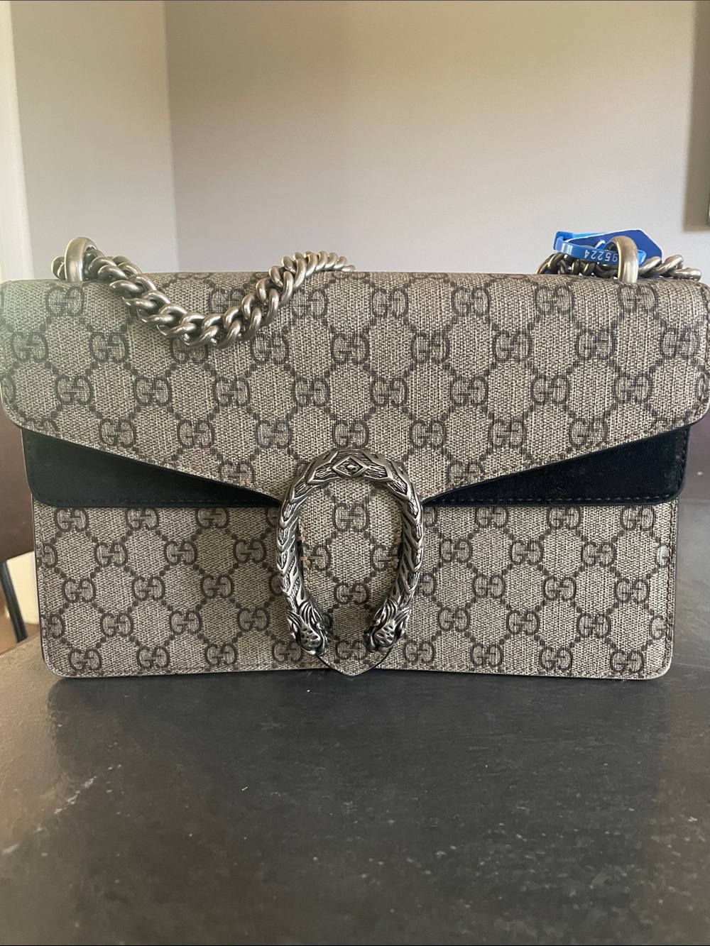 Gucci Dionysus GG Supreme Canvas Shoulder Bag in Beige/Black small
